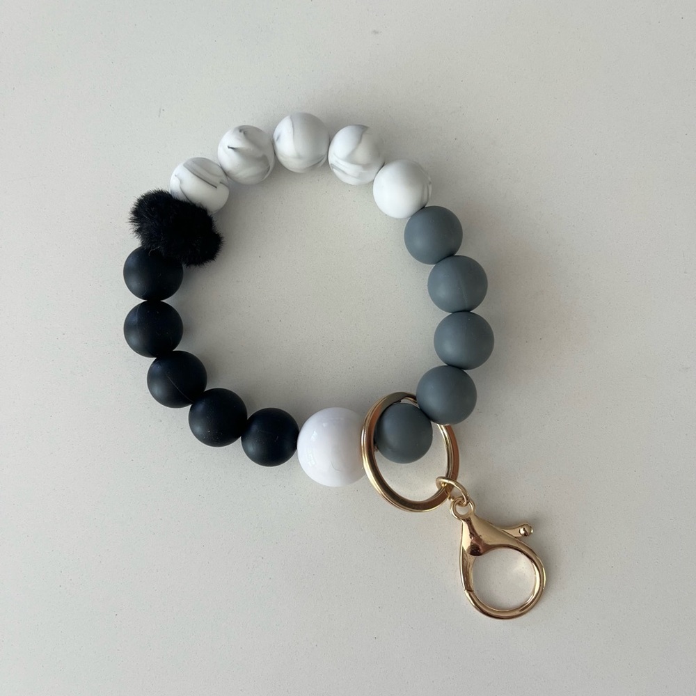 Marble White and Black Silicone Beaded Wristlet Keychain